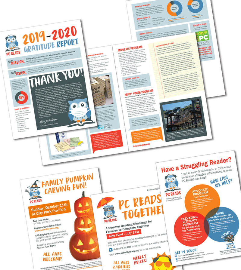 annual report, event and informational flyers, and more for a local dyslexia advocacy organization