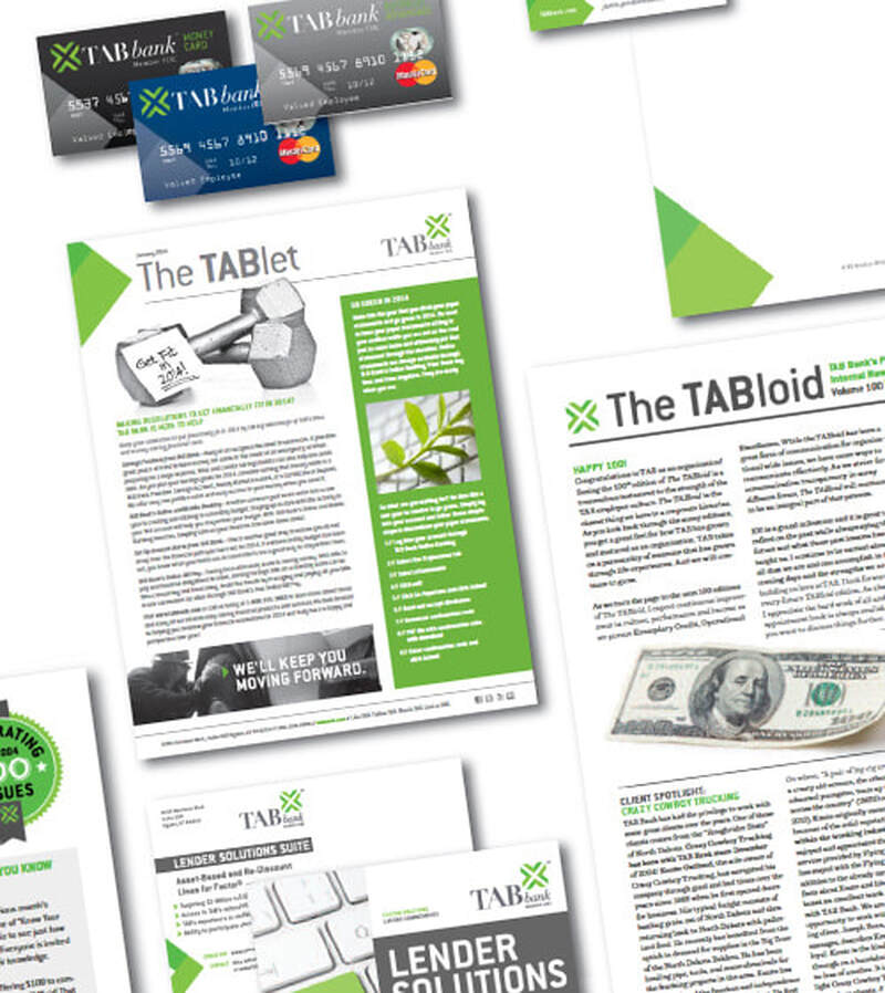 stationery, internal and external newsletter (print and digital), ads, bank cards, mailers, and infographics